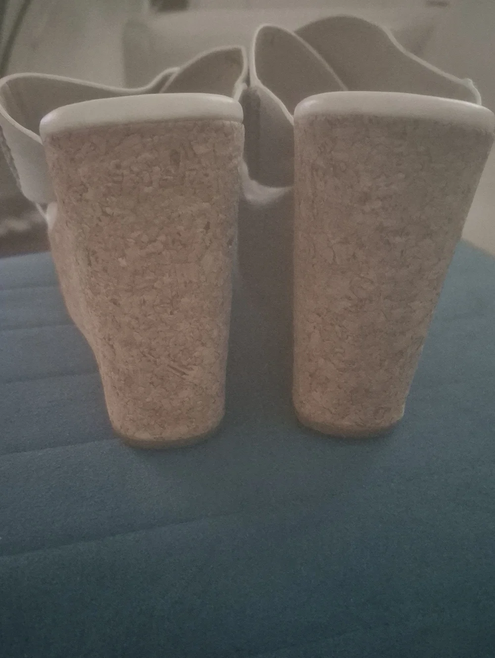 Calvin Klein White Cross-Strap Cork Platform Wedge Slides